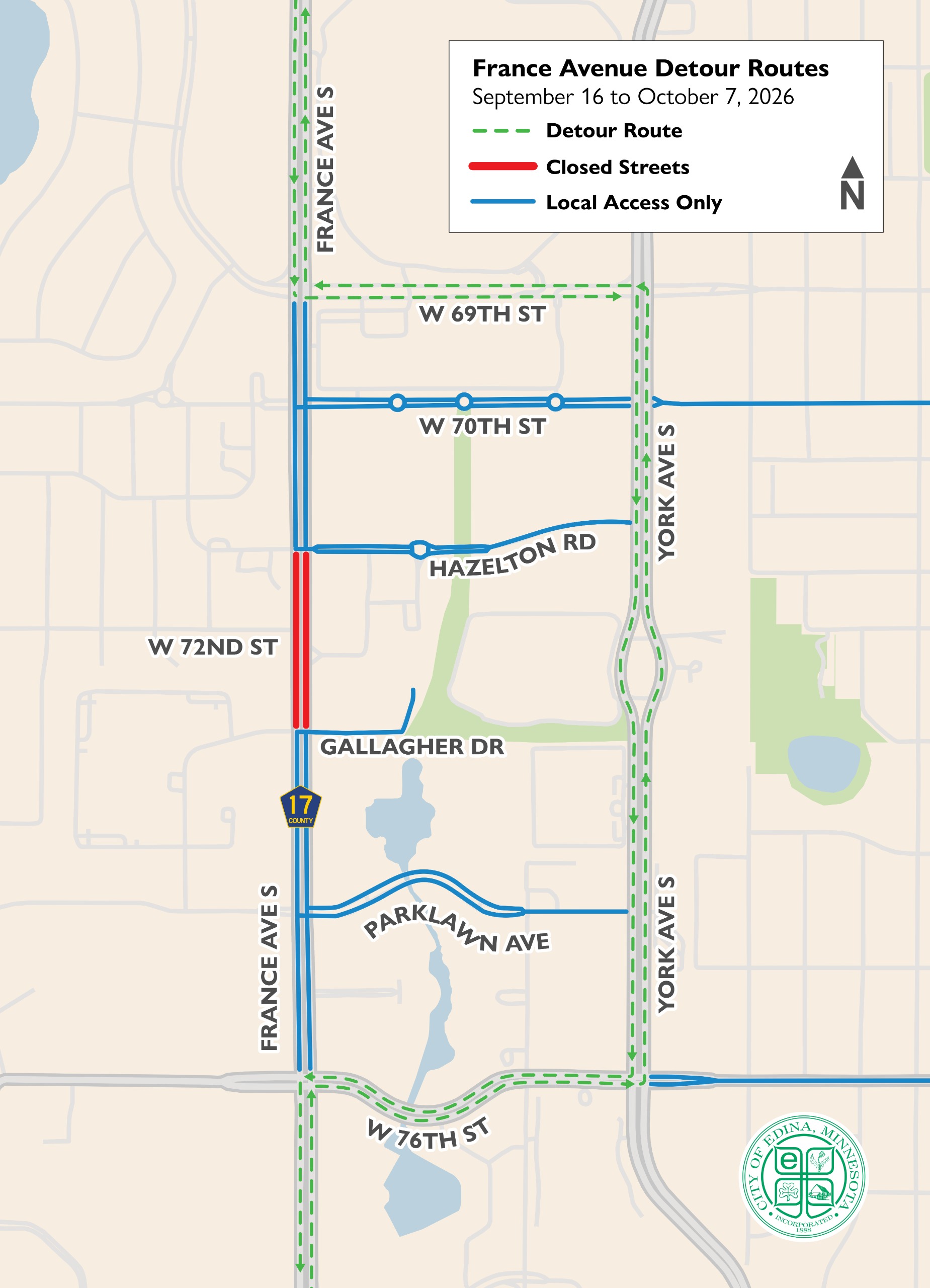 France Avenue will be closed to thru traffic between West 69th and West 76th streets for approximately three weeks. Drivers should use York Avenue to travel around the closure.  Northbound traffic should access York from West 76th; Southbound traffic shou