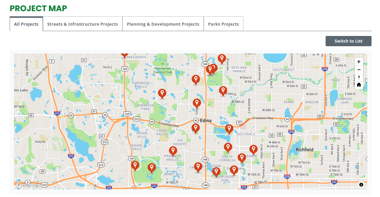 Better Together Edina Project Map showing project locations across Edina. Tabs above the map let users view All Projects, Streets & Infrastructure Projects, Planning & Development Projects or Parks Projects, with a Switch to List button to view projects in a list instead.
