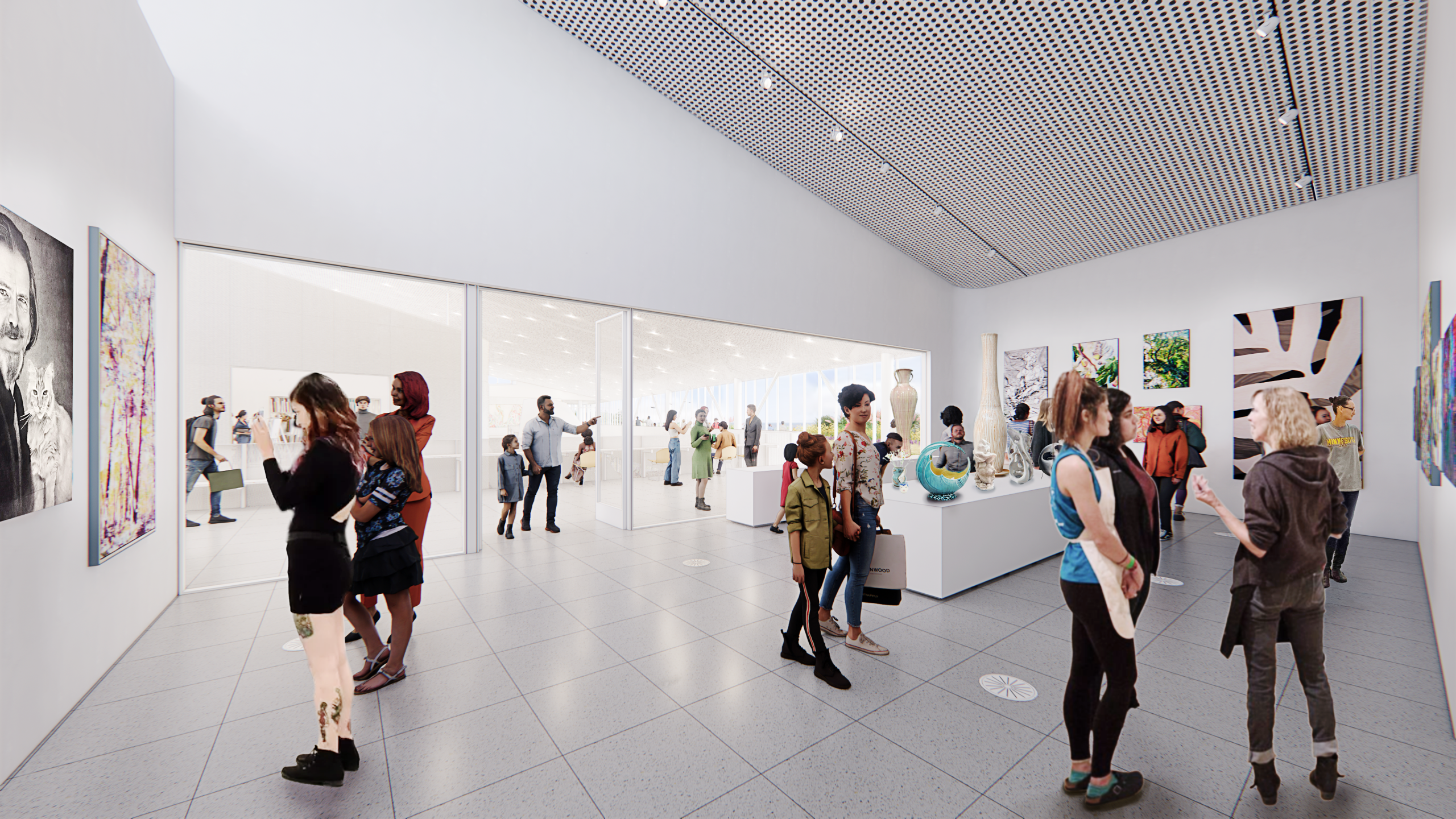 An art gallery with many people discussing the artwork on the walls and counters