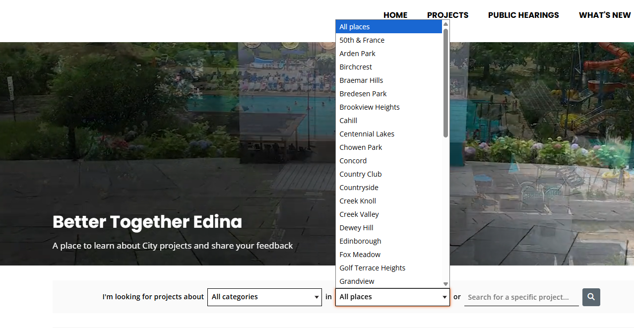 Better Together Edina homepage with the location menu open, showing Edina neighborhoods and areas that can be selected to find projects by location.