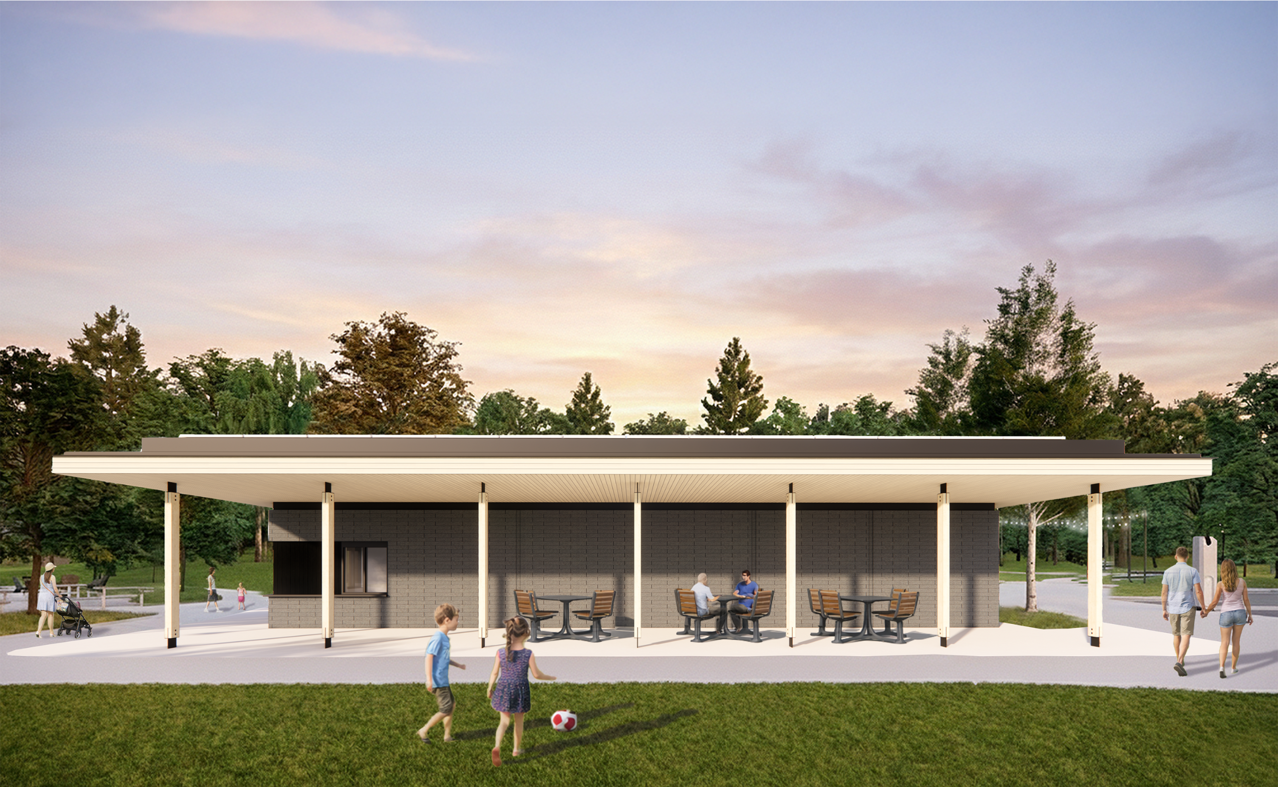 Fred Richards Park Pavilion with food service window and seating for park users under overhang.