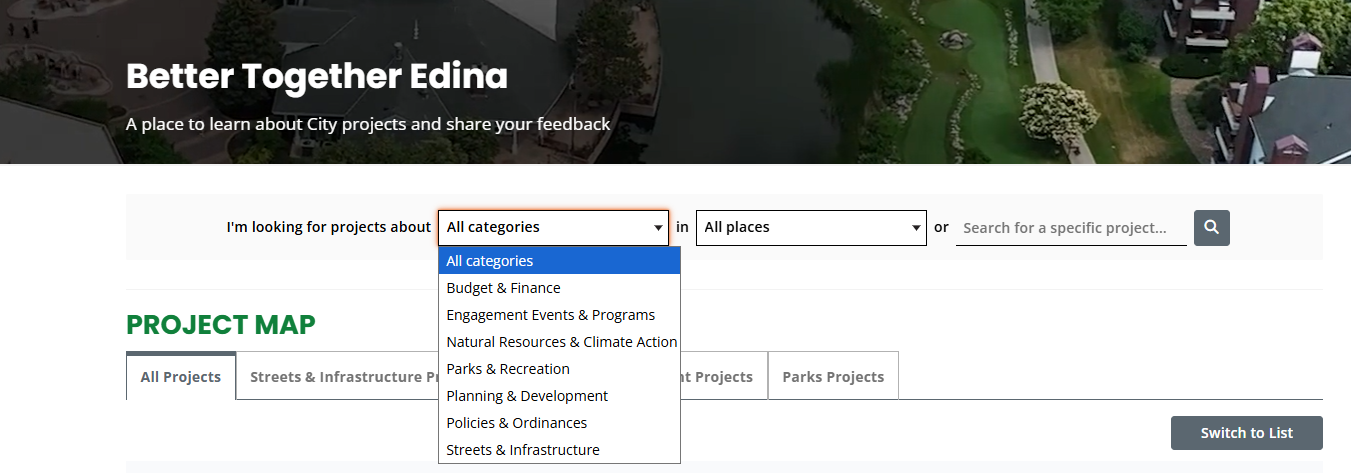Better Together Edina homepage with the project category menu open. Options include All Categories, Budget & Finance, Engagement Events & Programs, Natural Resources & Climate Action, Parks & Recreation, Planning & Development, Policies & Ordinances, and Streets & Infrastructure.