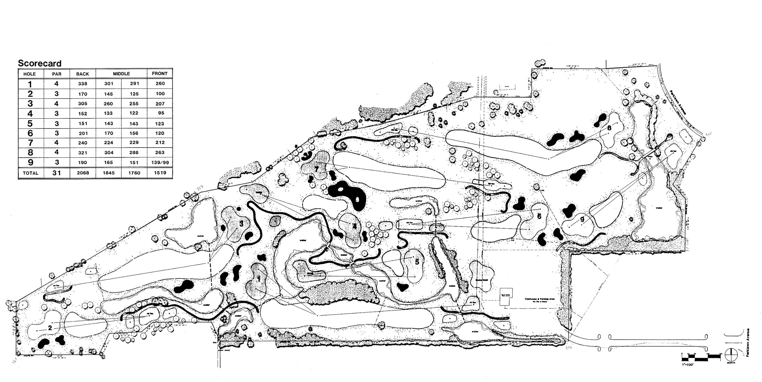 Fred Richards Golf Course layout and scorecard showing 9 holes with tees, fairways, and greens