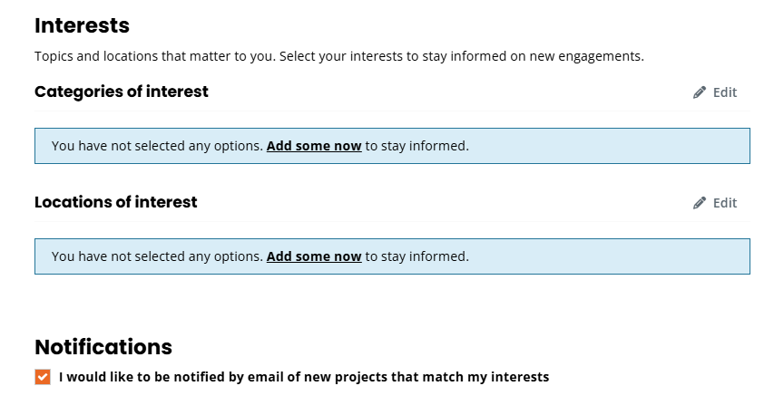 Edit Profile page showing Categories of Interest, Locations of Interest and the Notifications checkbox for receiving emails about new projects that match your interests.