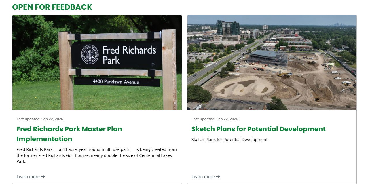 Open for Feedback section on the Better Together Edina homepage showing project cards for projects currently seeking community feedback.