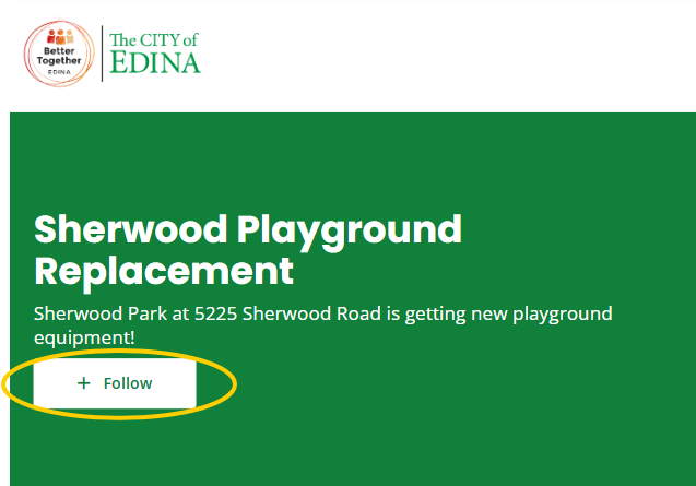 Better Together Edina project page with the Follow button highlighted below the project description