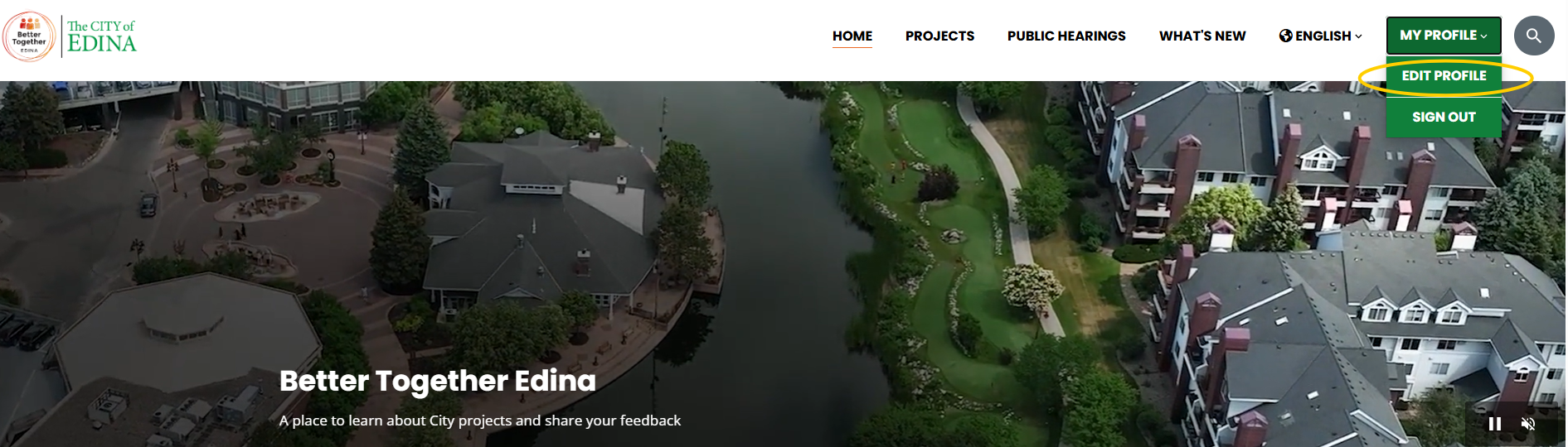 Better Together Edina homepage with the My Profile menu open and Edit Profile highlighted.